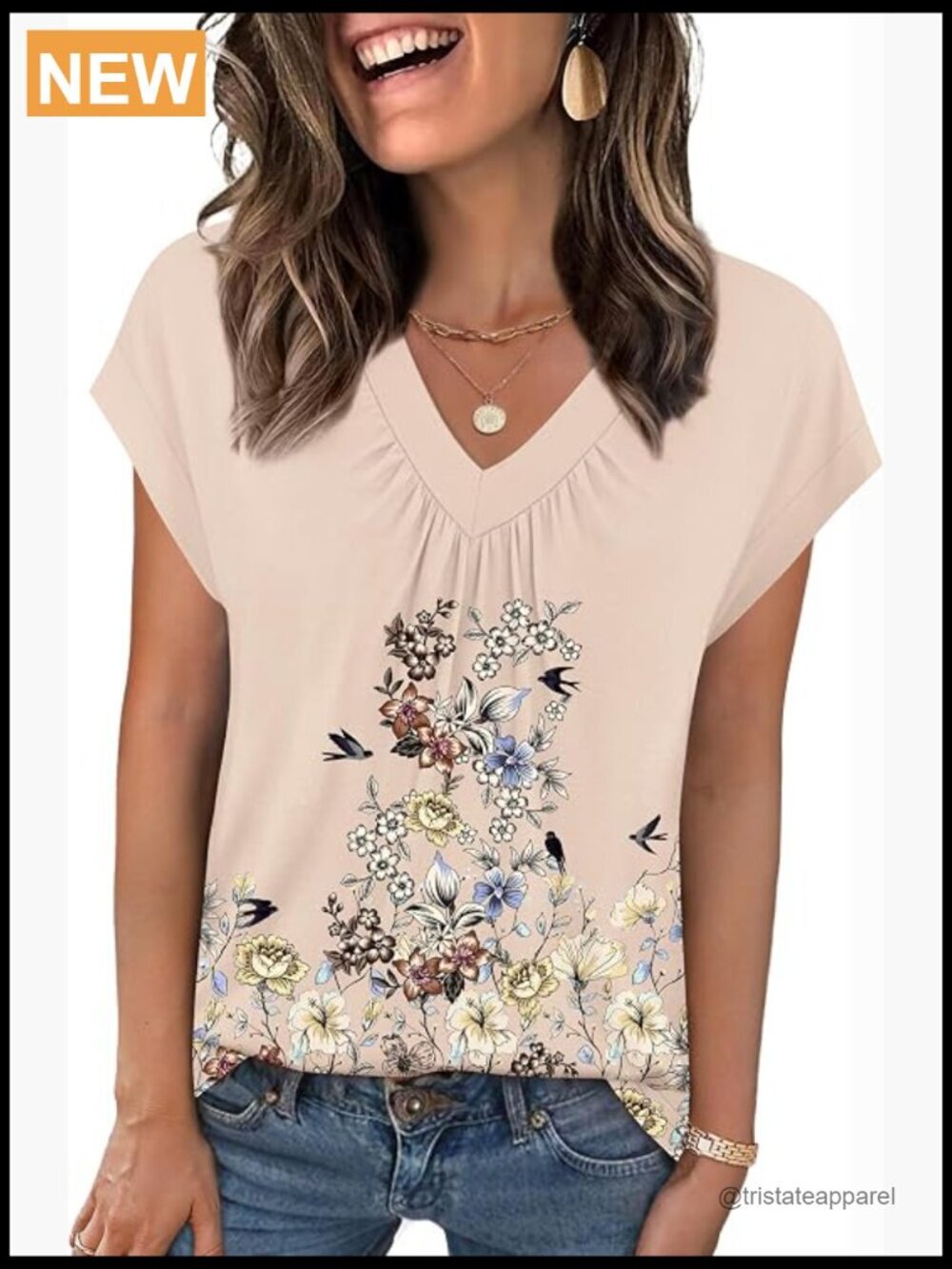 Short Sleeve V Neck Blouse Dressy Casual Work Top Floral T-Shirt